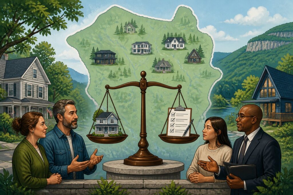 Illustration showing a map of Ulster County with homes, a balanced scale with a house and document, and people discussing regulations in a neighborhood setting.