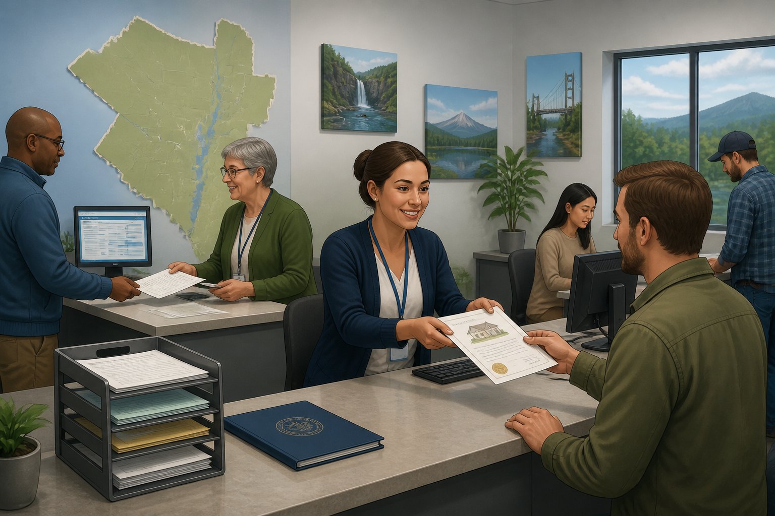 People interacting with officials at a service desk in an office, submitting documents and receiving permits related to short-term rental registration in Ulster County.