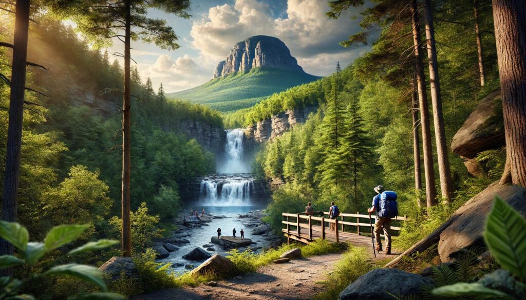 Hiker on a Catskills trail near a waterfall resembling Kaaterskill Falls