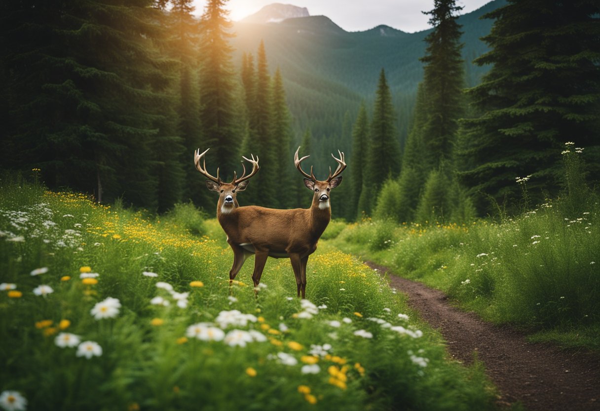 Lush forest with diverse wildlife, including deer, birds, and small mammals. Scenic mountain views with colorful wildflowers and tall trees
